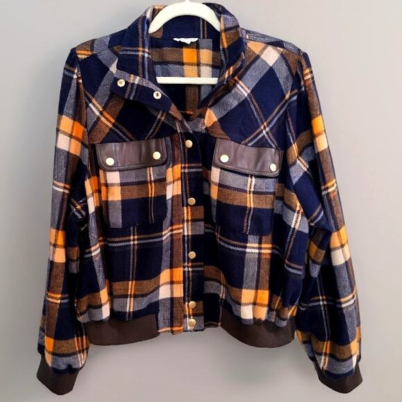 Cato Plaid Flannel Shacket Jacket Womens L Brown Navy Western Casual Fall Style - Picture 1 of 9